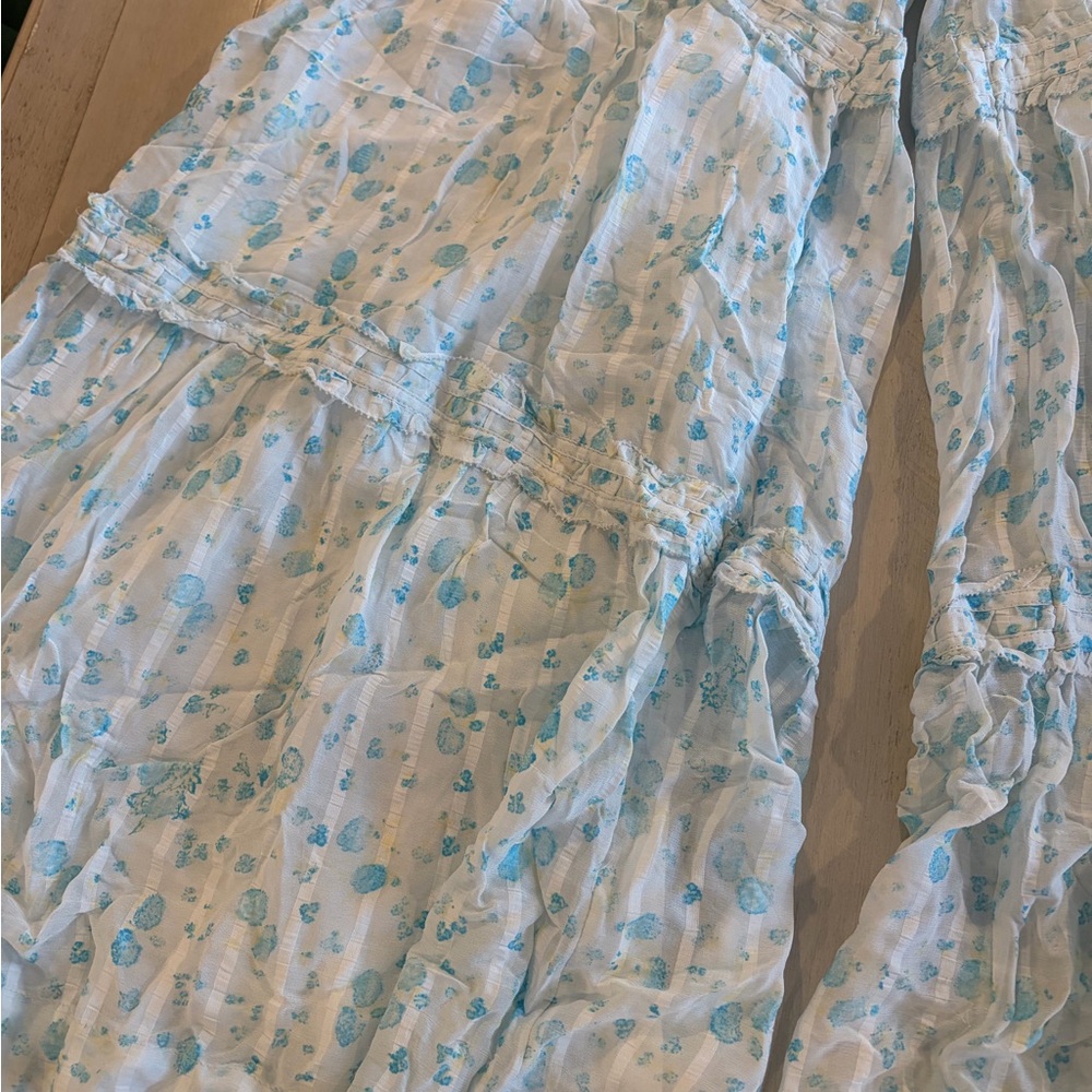 Free People Emmaline Tiered Pull On Baby Blue Combo Floral Wide Leg Pants - Picture 4 of 8
